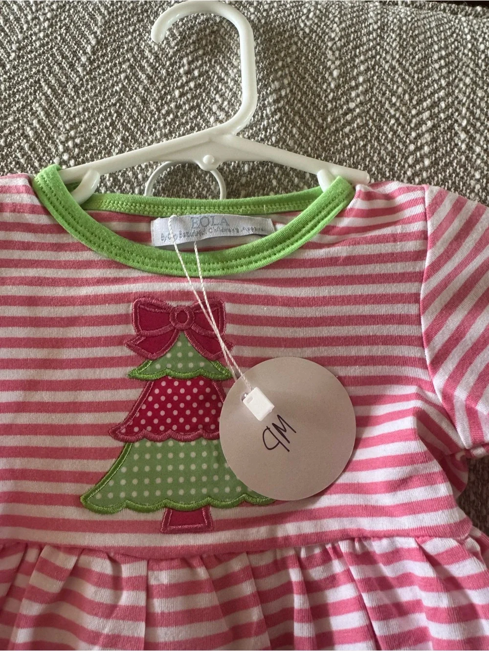 Pink & White Striped set with Christmas tree Applique
